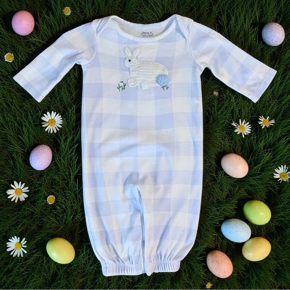 Mud Pie French Knot Bunny Convertible Gown 0–3M Blue Gingham Baby Easter Outfit